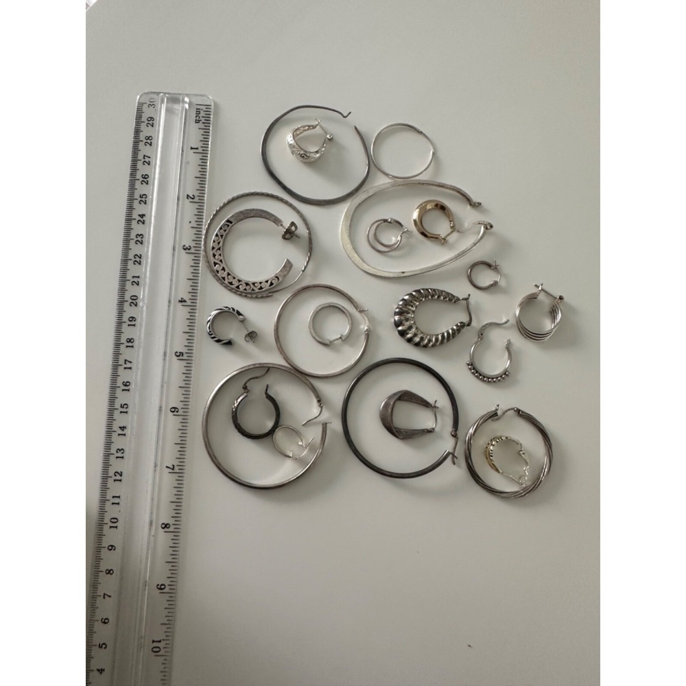 Sterling Silver SINGLE EARRINGS set 22 Hoops 925 Hinged Textured 52 grams - Picture 10 of 11